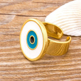 Round Evil Eye White Enamel Gold Adjustable Free Size Band Ring Women Gift