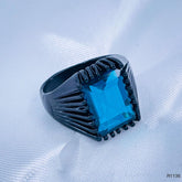 Rectangle Sea Blue Black Cubic Zirconia Crystal Alloy Ring for Men