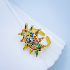 Eyelashes Evil Eye Copper Cubic Zirconia Gold Free Size Adjustable Ring For Women