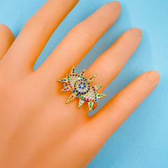 Eyelashes Evil Eye Copper Cubic Zirconia Gold Free Size Adjustable Ring For Women