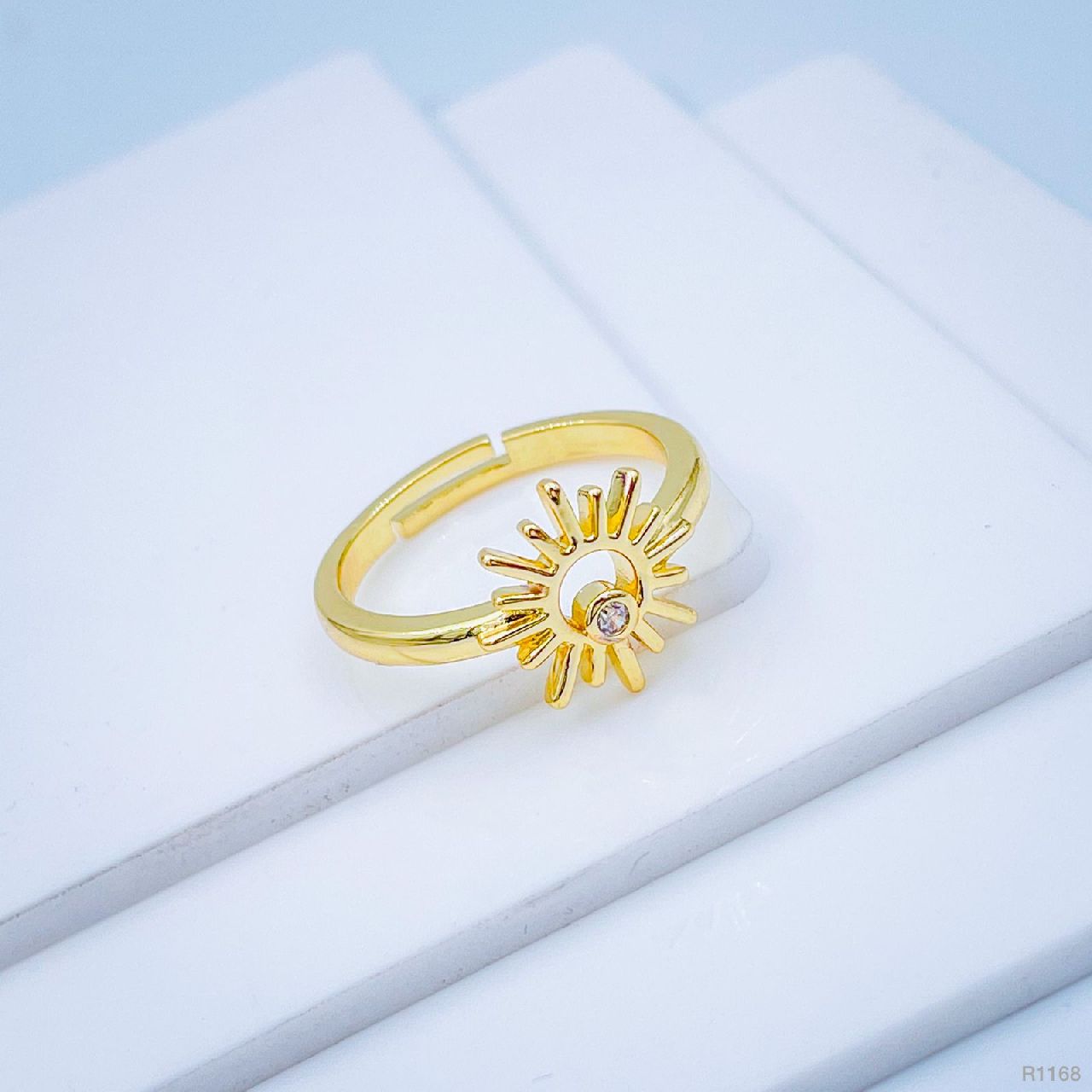 Gold Cubic Zirconia Sun Copper Free Size Adjustable Band Ring For Women