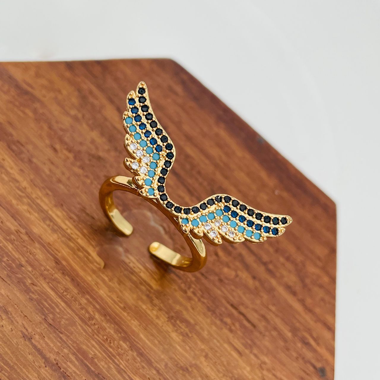 Wings Black Blue Gold Copper American Diamond Crystal Adjustable Band Ring For Women