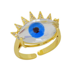 Eye Lash Evil Eye Glass Gold Green American Diamond Band Ring For Women