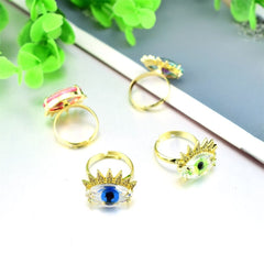 Eye Lash Evil Eye Glass Gold Green American Diamond Band Ring For Women