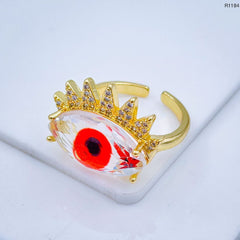 Eye Lash Evil Eye Glass Gold Green American Diamond Band Ring For Women