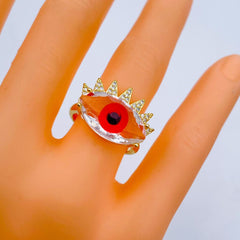 Eye Lash Evil Eye Glass Gold Green American Diamond Band Ring For Women