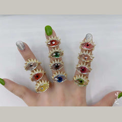 Eye Lash Evil Eye Glass Gold Green American Diamond Band Ring For Women