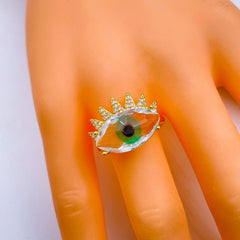 Eye Lash Evil Eye Glass Gold Green American Diamond Band Ring For Women