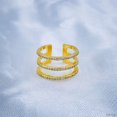 Triple Cubic Zirconia Line Gold Copper Adjustable Ring For Women