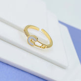 Safety Pin Gold White Enamel Copper Adjustable Band Ring For Women