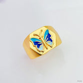 Copper Enamel Blue Gold Butterfly Free Size Adjustable Ring For Women
