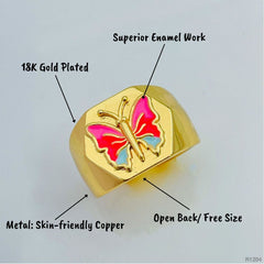 Copper Enamel Pink Gold Butterfly Free Size Adjustable Ring For Women