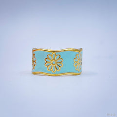 Copper Flower Enamel Blue Gold Free Size Adjustable Band Ring For Women