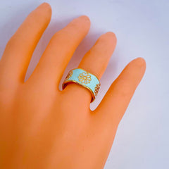 Copper Flower Enamel Blue Gold Free Size Adjustable Band Ring For Women