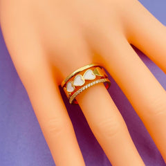 Heart Gold American Diamond White Enamel Copper Adjustable Band Ring For Women