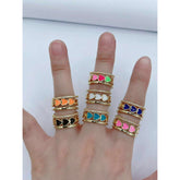 Heart Gold American Diamond White Enamel Copper Adjustable Band Ring For Women