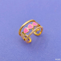 Heart Gold American Diamond White Enamel Copper Adjustable Band Ring For Women