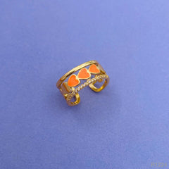 Heart Gold American Diamond White Enamel Copper Adjustable Band Ring For Women