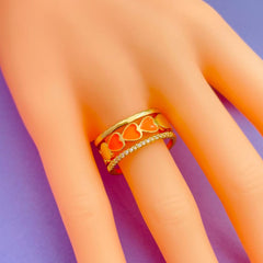Heart Gold American Diamond White Enamel Copper Adjustable Band Ring For Women