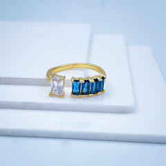 Gold Cubic Zirconia Crystal Blue Copper Free Size Adjustable Band Ring For Women