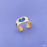 Gold Enamel Blue White Heart Evil Eye Copper Free Size Adjustable Band Ring For Women