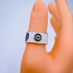 Gold Enamel Blue White Heart Evil Eye Copper Free Size Adjustable Band Ring For Women