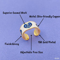Gold Enamel Blue White Heart Evil Eye Copper Free Size Adjustable Band Ring For Women