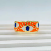 Gold Enamel Orange White Evil Eye Copper Free Size Adjustable Band Ring For Women