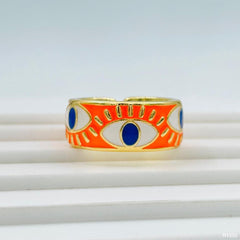 Gold Enamel Orange White Evil Eye Copper Free Size Adjustable Band Ring For Women