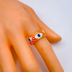 Gold Enamel Orange White Evil Eye Copper Free Size Adjustable Band Ring For Women