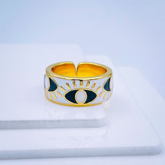 Gold Enamel Orange White Evil Eye Copper Free Size Adjustable Band Ring For Women