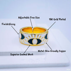 Gold Enamel Orange White Evil Eye Copper Free Size Adjustable Band Ring For Women