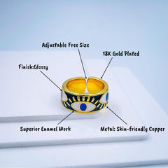 Gold Enamel Orange White Evil Eye Copper Free Size Adjustable Band Ring For Women