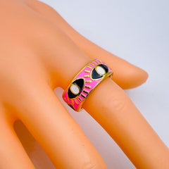 Gold Enamel Orange White Evil Eye Copper Free Size Adjustable Band Ring For Women