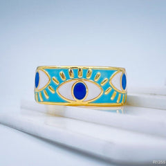 Gold Enamel Orange White Evil Eye Copper Free Size Adjustable Band Ring For Women