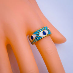 Gold Enamel Orange White Evil Eye Copper Free Size Adjustable Band Ring For Women