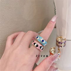 Gold Enamel Orange White Evil Eye Copper Free Size Adjustable Band Ring For Women