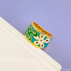 Flower Copper Enamel Gold Green Multicolor band Ring For Women