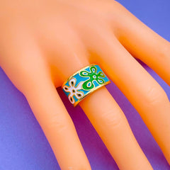 Flower Copper Enamel Gold Green Multicolor band Ring For Women