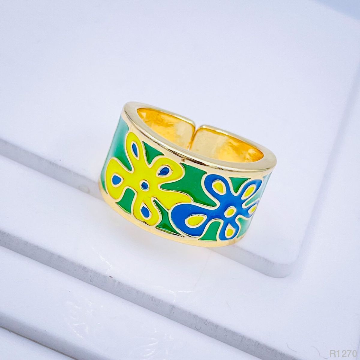Yellow Blue Flower Enamel Gold Copper Shank Band Ring For Women