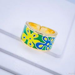 Yellow Blue Flower Enamel Gold Copper Shank Band Ring For Women