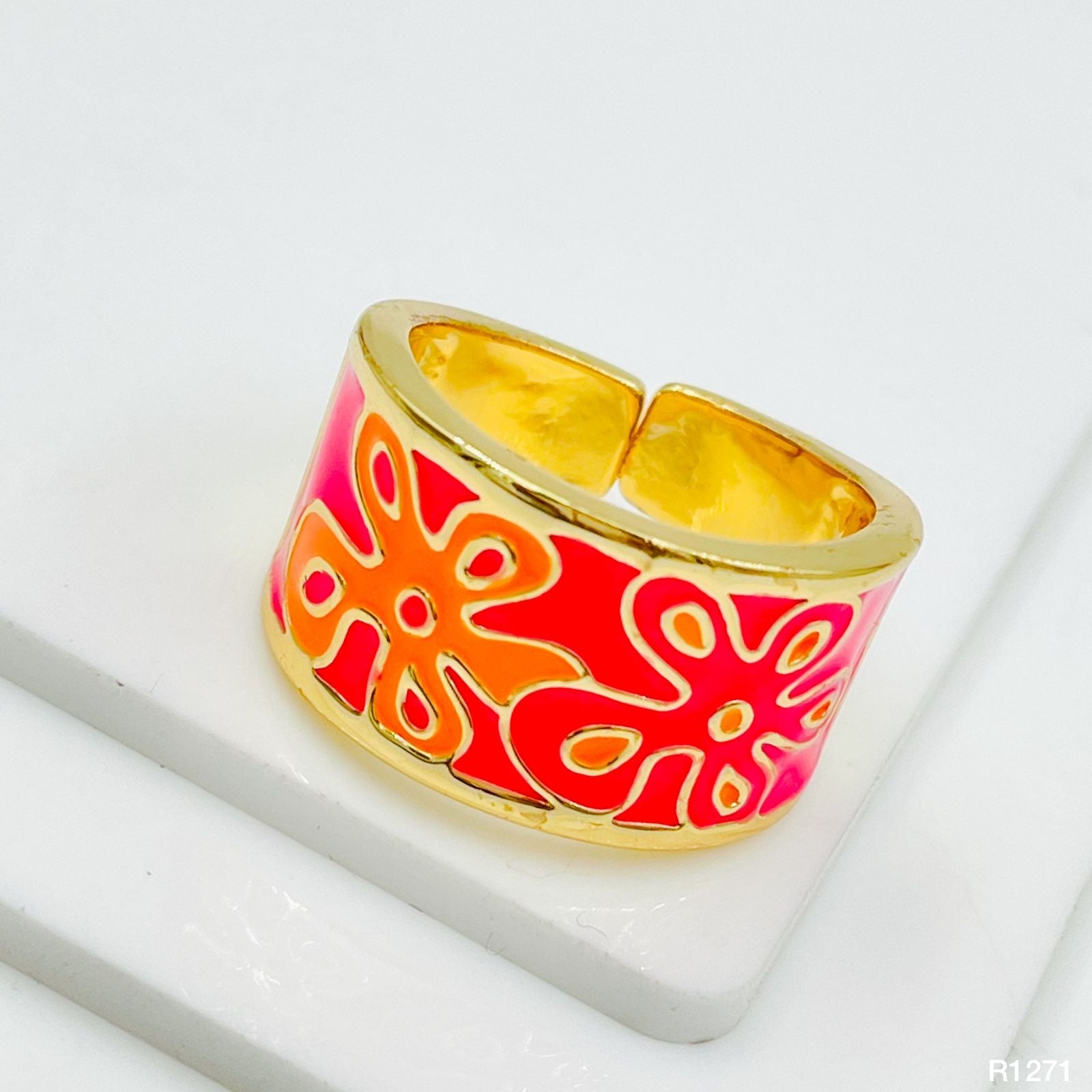Pink Orange Flower Enamel Gold Copper Shank Band Ring For Women