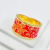 Pink Orange Flower Enamel Gold Copper Shank Band Ring For Women