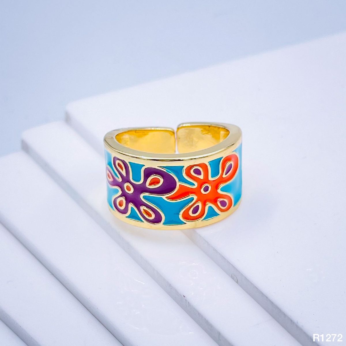 Flower Copper Enamel Gold blue Multicolor band Ring For Women