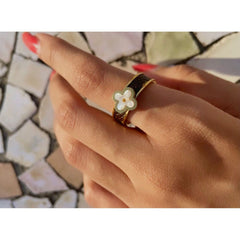 Stainless Steel Enamel Gold Brown White Flower Band Ring For Women