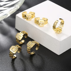 Copper Cubic Zirconia Gold Letter Free Size Adjustable Ring Women