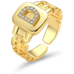 Copper Cubic Zirconia Gold Letter Free Size Adjustable Ring Women