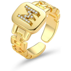 Copper Cubic Zirconia Gold Letter Free Size Adjustable Ring Women