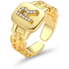 Copper Cubic Zirconia Gold Letter Free Size Adjustable Ring Women
