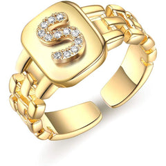 Copper Cubic Zirconia Gold Letter Free Size Adjustable Ring Women